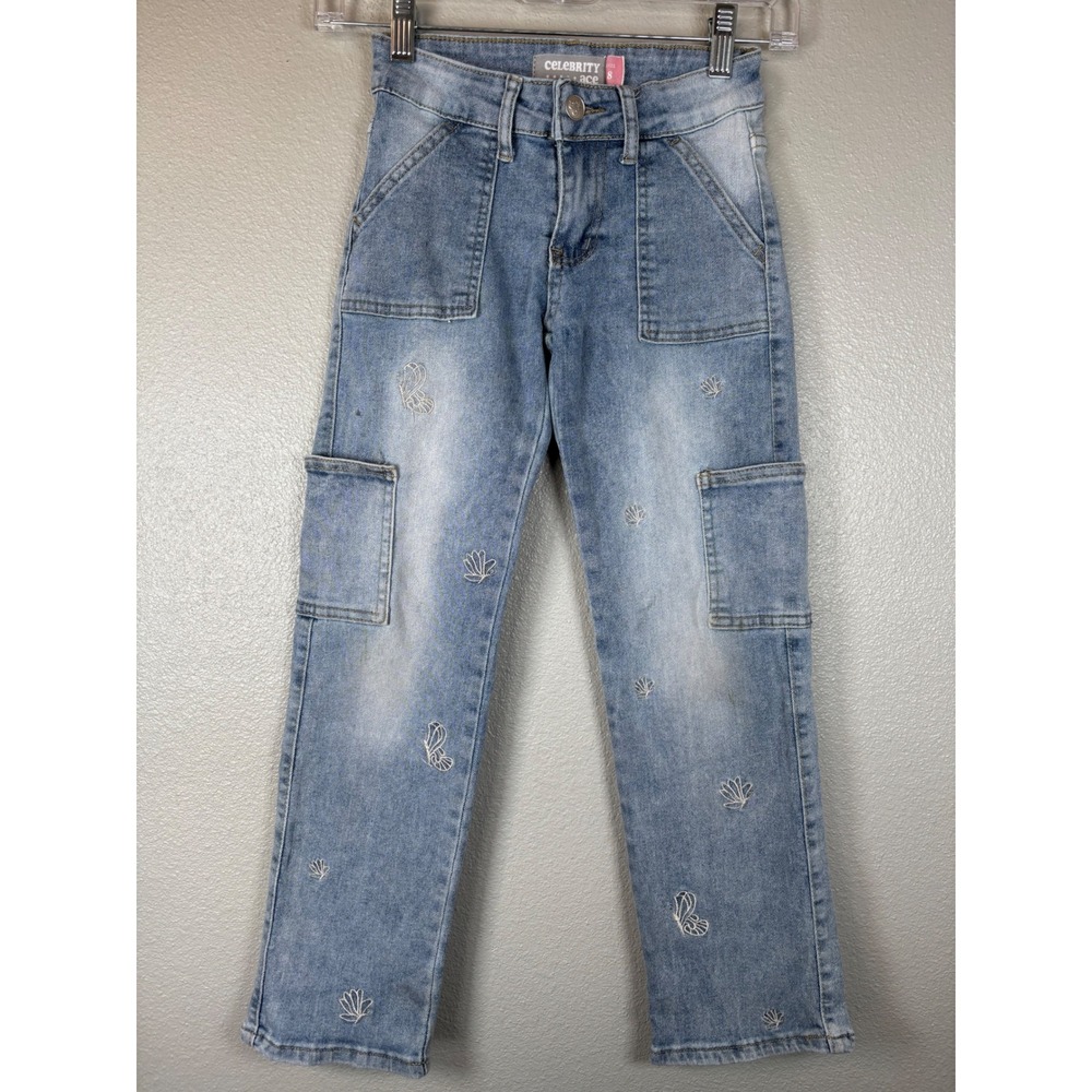 Celebrity Ace Girls Blue Embroidered Butterfly Shell Cargo Straight Jeans Size 8